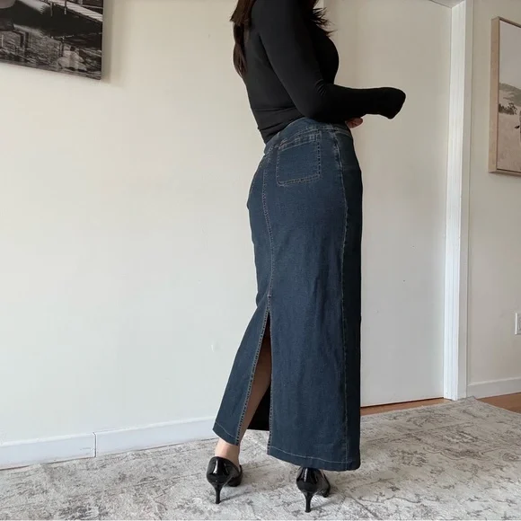 Y2K Dark Wash Denim Maxi Skirt Minimalist Vintage 2000s - Picture 2 of 4